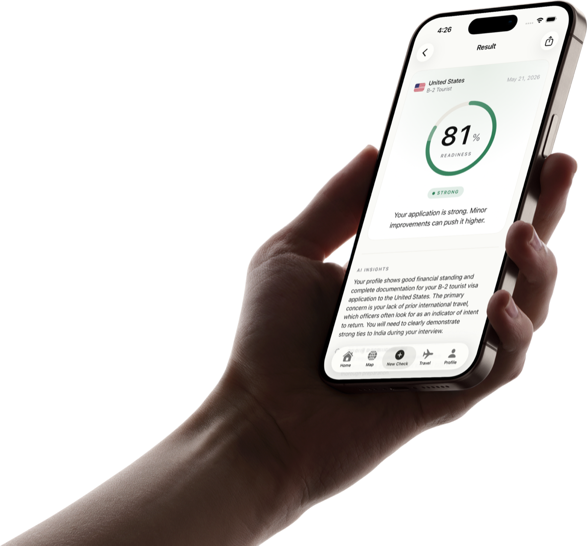 Vizard app showing an estimated approval score on iPhone