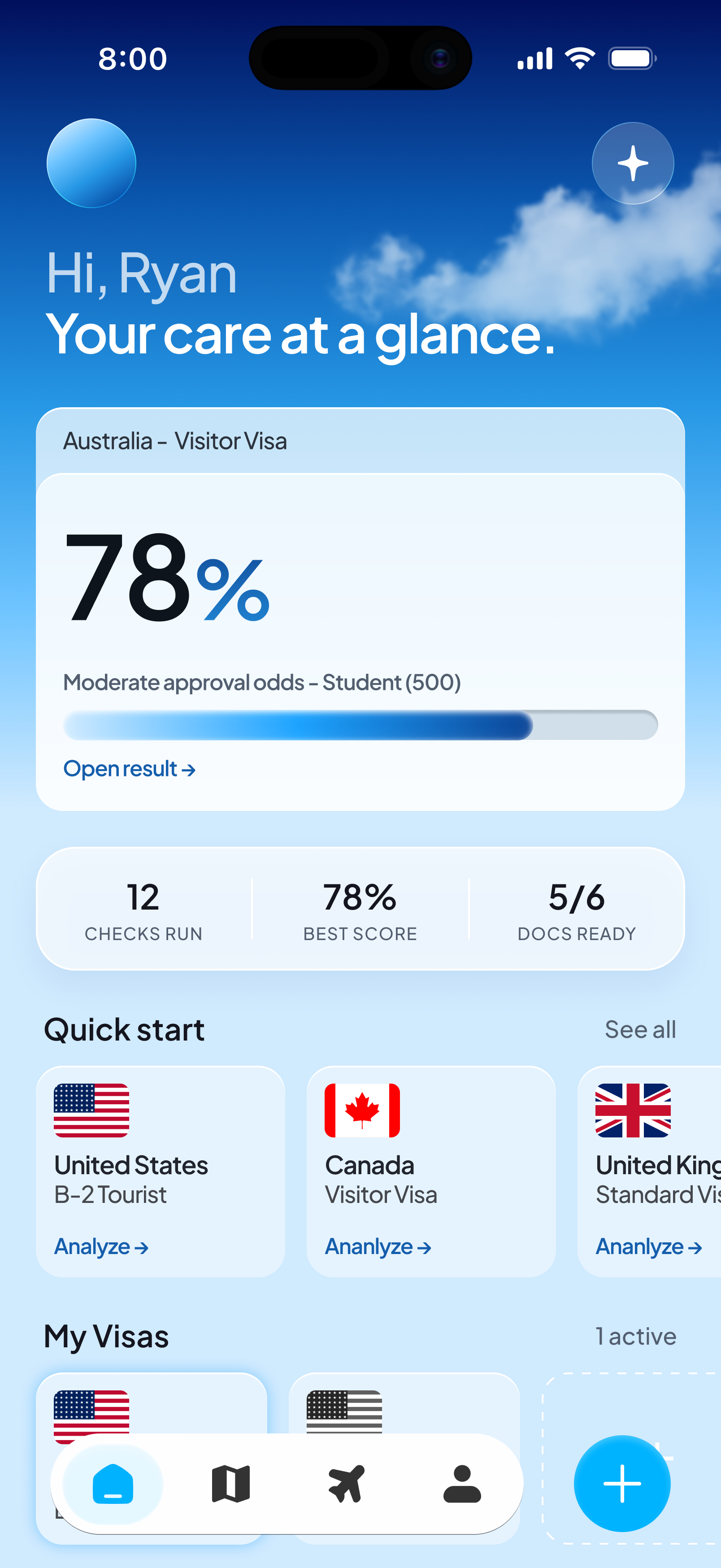 Vizard app showing a visa approval score of 78%